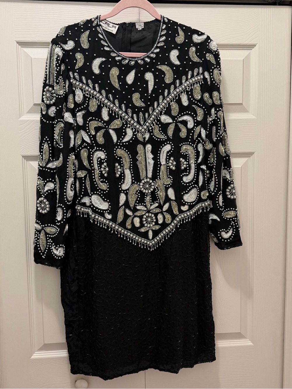 Vtg 80s Scala Silk Beaded Sequin Cocktail Dress XL